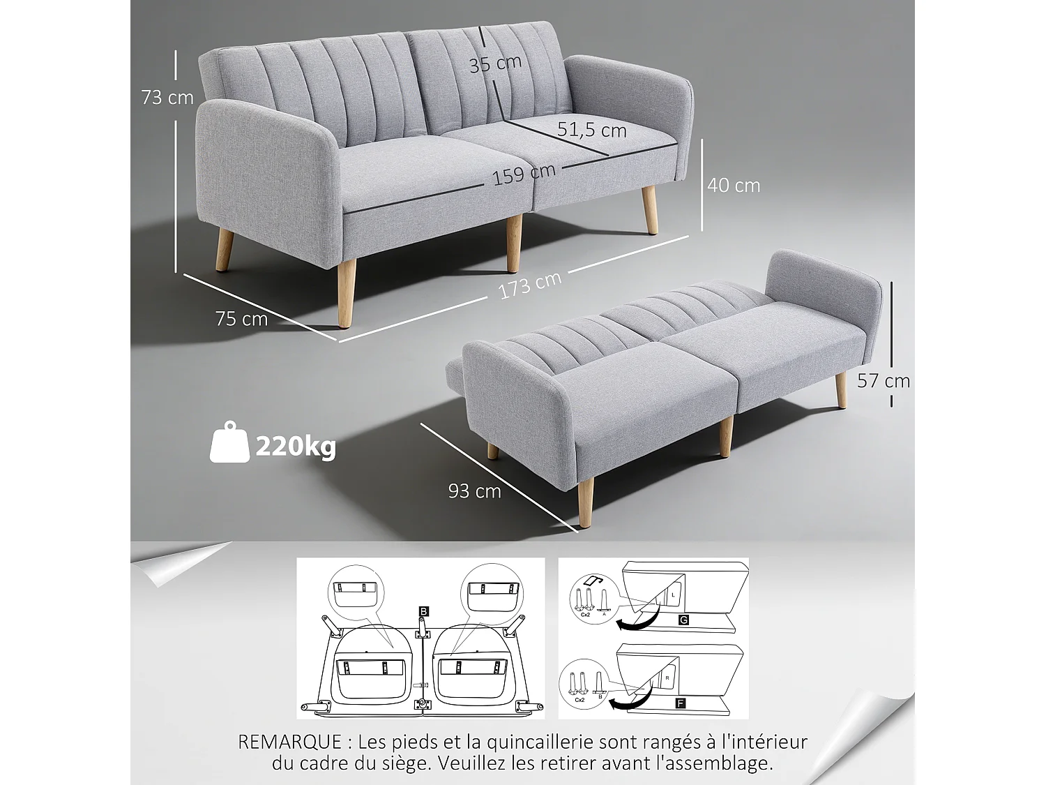 Canapé convertible 2 places – Design scandinave – Dossier inclinable