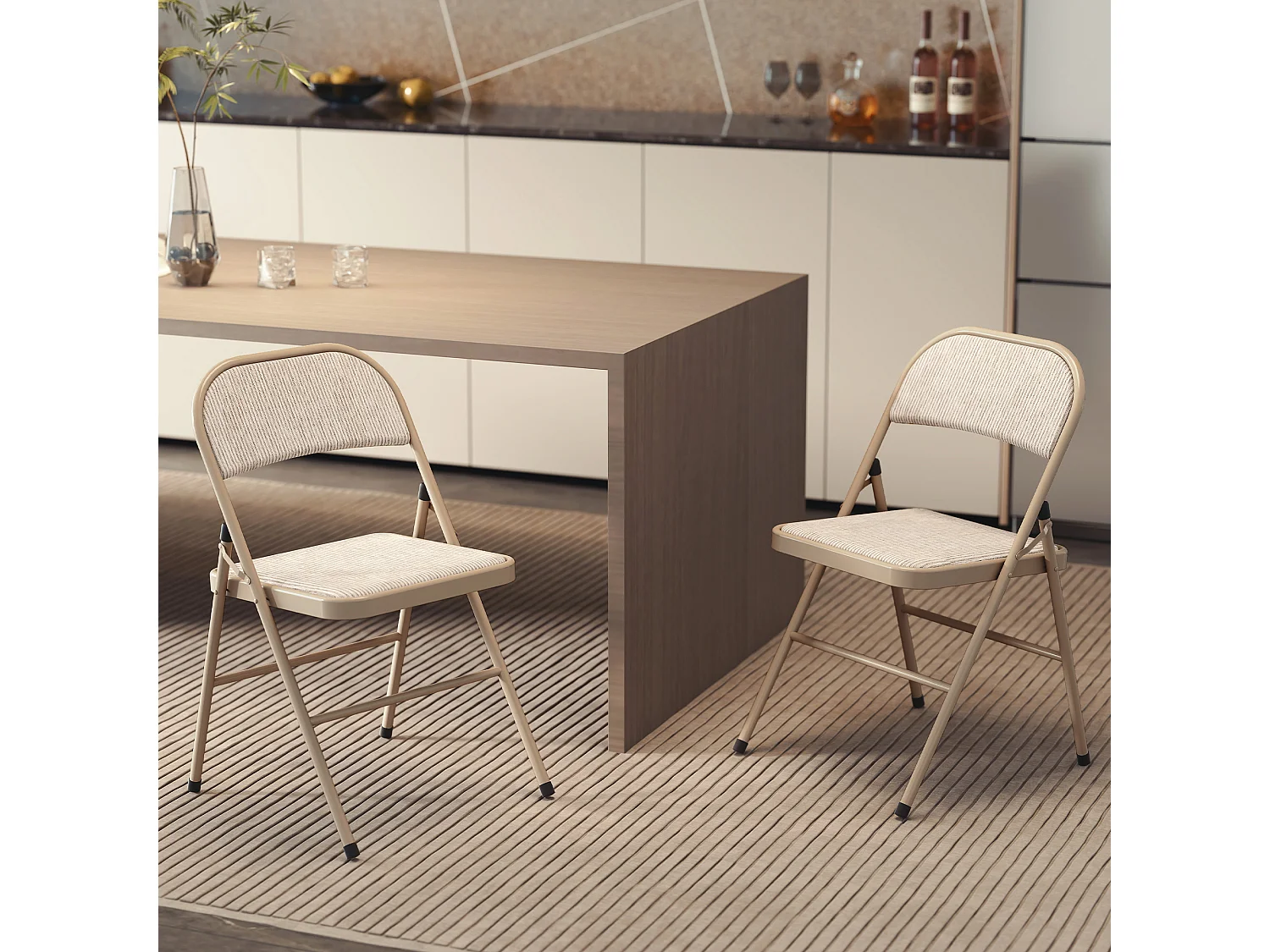 Lot de 2 chaises pliantes assise dossier rembourrés acier tissu toucher lin beige