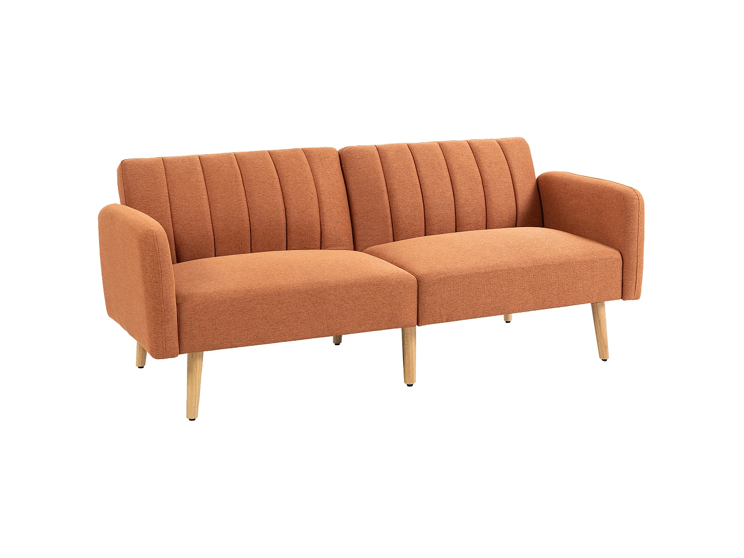 Canapé convertible 2 places design scandinave dossier inclinable 3 positions pieds bois tissu aspect lin ocre havane
