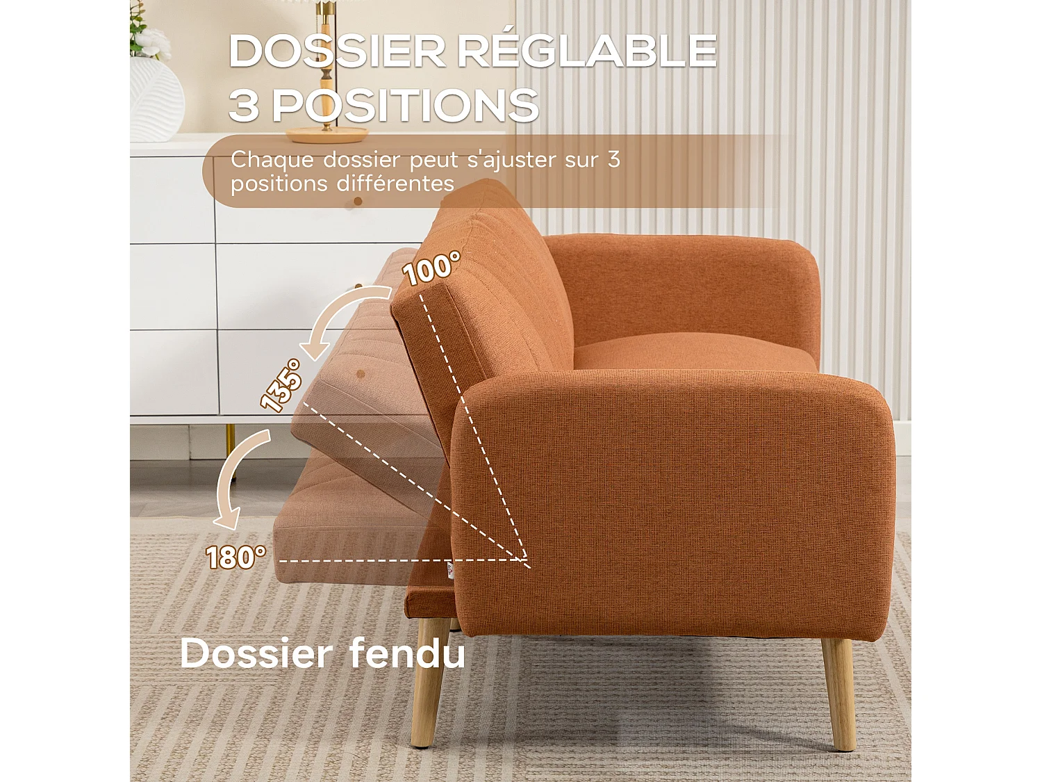 Canapé convertible 2 places design scandinave dossier inclinable 3 positions pieds bois tissu aspect lin ocre havane