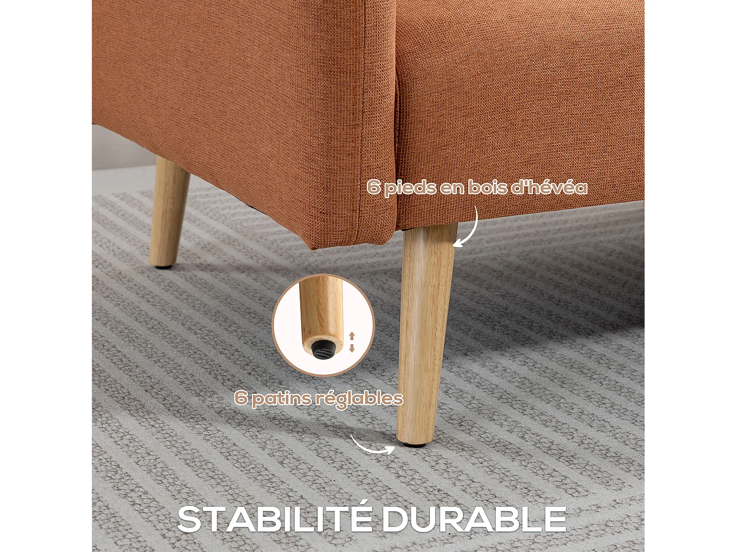 Canapé convertible 2 places design scandinave dossier inclinable 3 positions pieds bois tissu aspect lin ocre havane