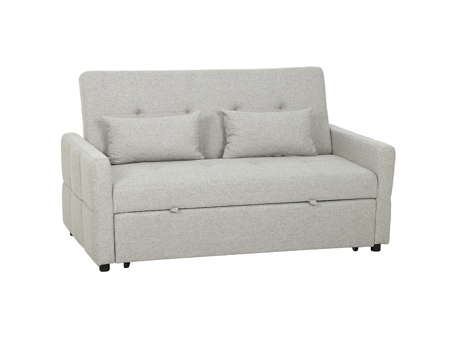 Canapé convertible 2 places dossier inclinable 3 positions pans latéraux effet capitonné 2 coussins tissu gris clair