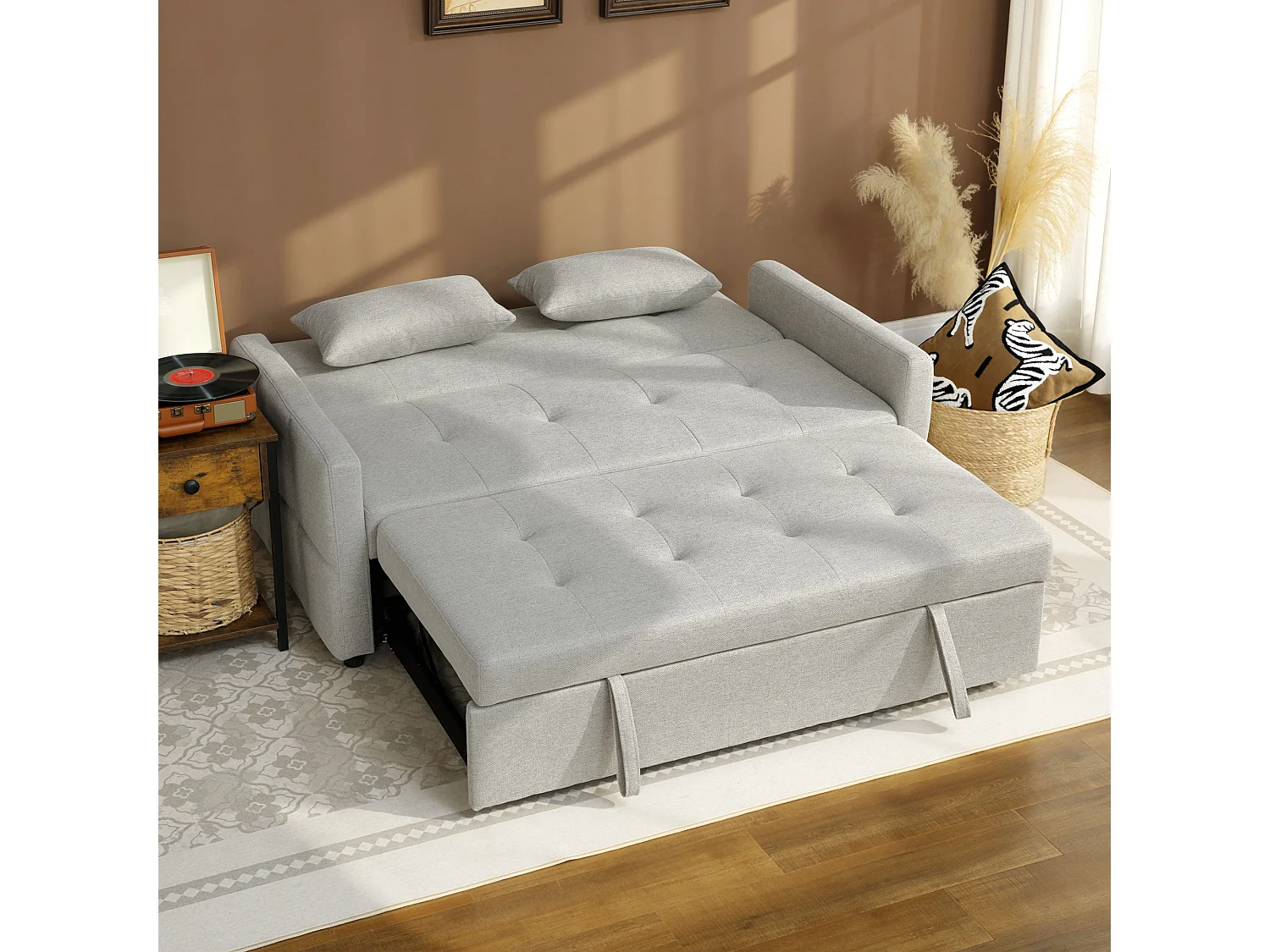Canapé convertible 2 places dossier inclinable 3 positions pans latéraux effet capitonné 2 coussins tissu gris clair