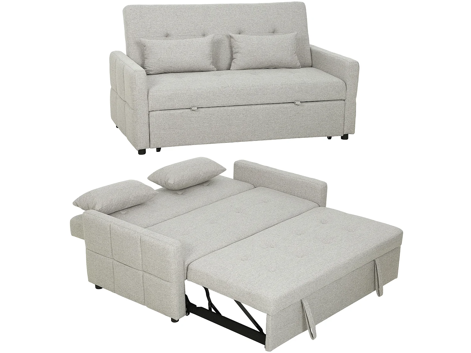 Canapé convertible 2 places dossier inclinable 3 positions pans latéraux effet capitonné 2 coussins tissu gris clair