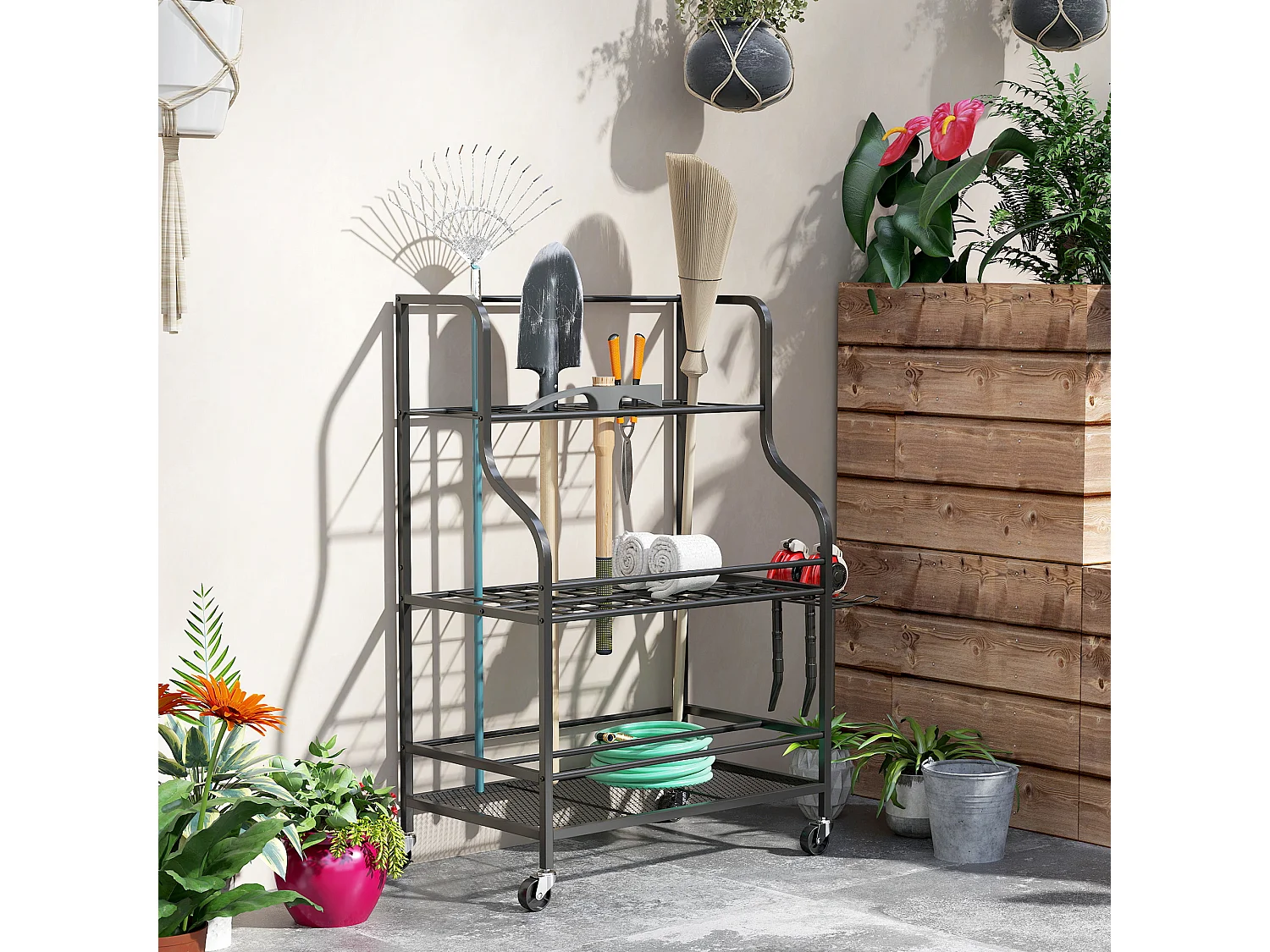 Organisateur d'outils de jardin - chariot de jardin - desserte - 5 crochets, 54 compartiments - acier noir