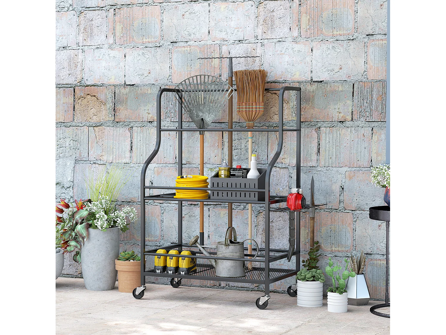 Organisateur d'outils de jardin - chariot de jardin - desserte - 5 crochets, 54 compartiments - acier noir