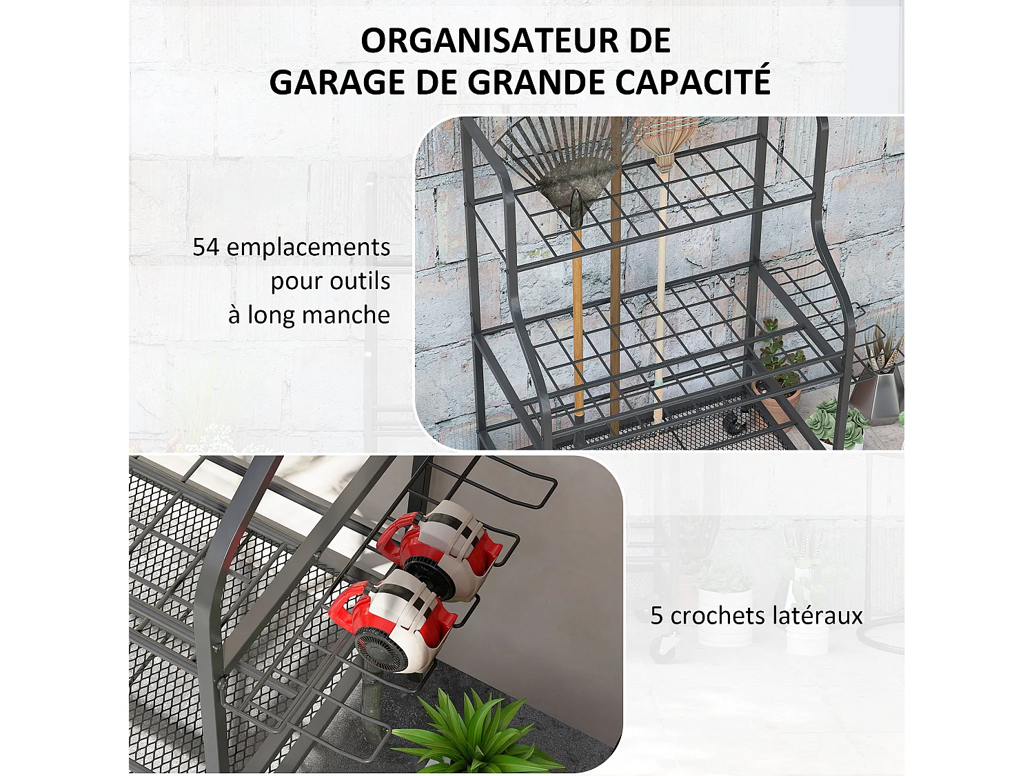 Organisateur d'outils de jardin - chariot de jardin - desserte - 5 crochets, 54 compartiments - acier noir