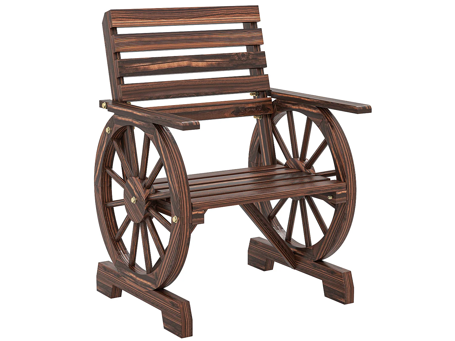 Chaise de jardin roue de chariot dossier incliné bois carbonisé