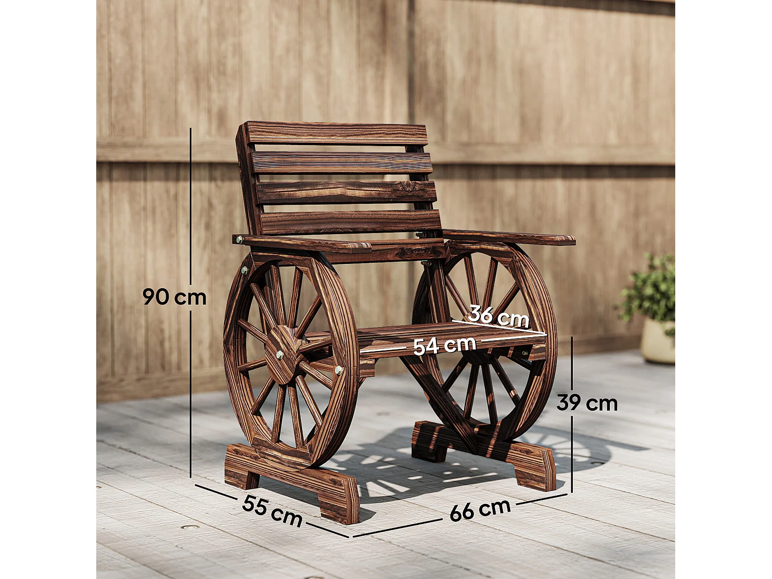 Chaise de jardin roue de chariot dossier incliné bois carbonisé