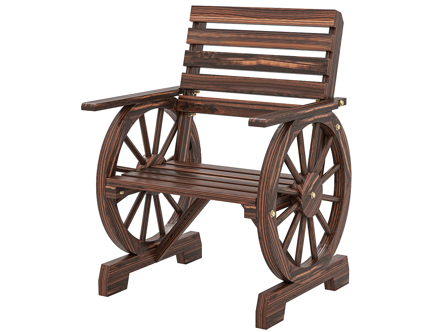 Chaise de jardin roue de chariot dossier incliné bois carbonisé