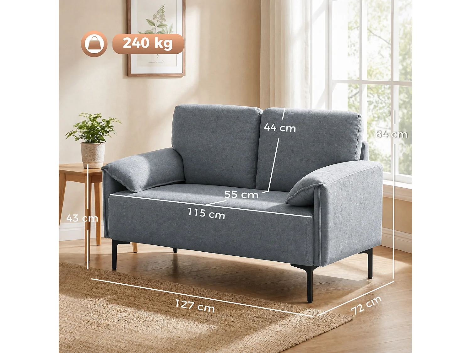 Canapé 2 places design moderne velours gris piètement métal noir