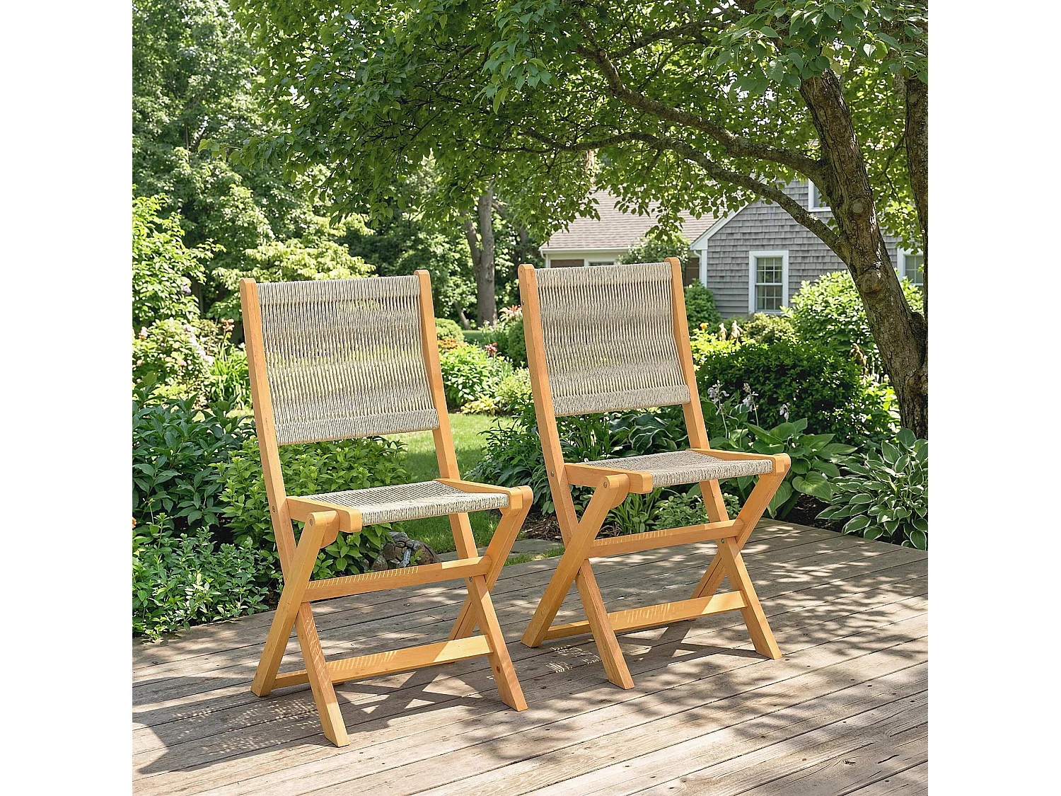 Lot de 2 chaises de jardin pliantes bois d'acacia FSC beige cordage effet rotin
