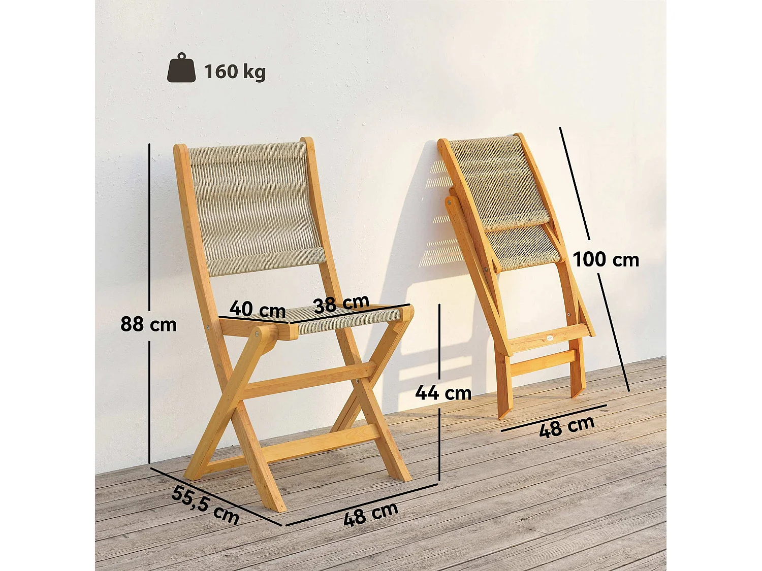 Lot de 2 chaises de jardin pliantes bois d'acacia FSC beige cordage effet rotin