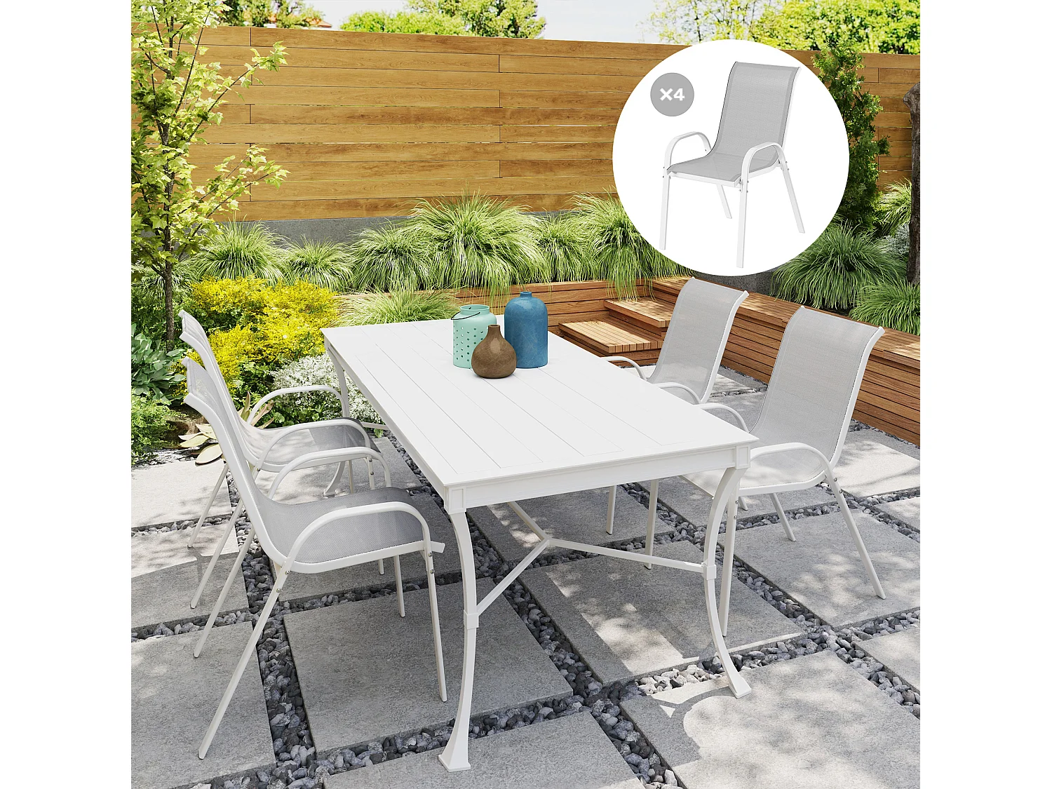 Lot de 4 chaises de jardin empilables - assise ergonomique, haut dossier, accoudoirs - acier textilène gris