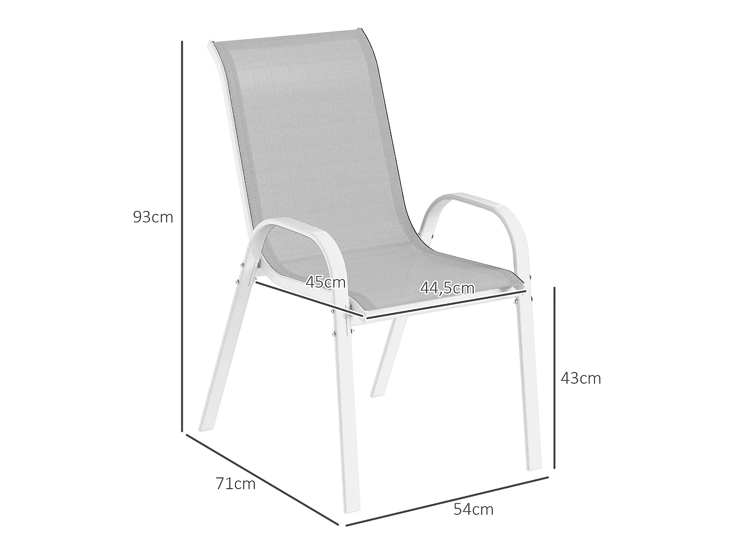 Lot de 4 chaises de jardin empilables - assise ergonomique, haut dossier, accoudoirs - acier textilène gris