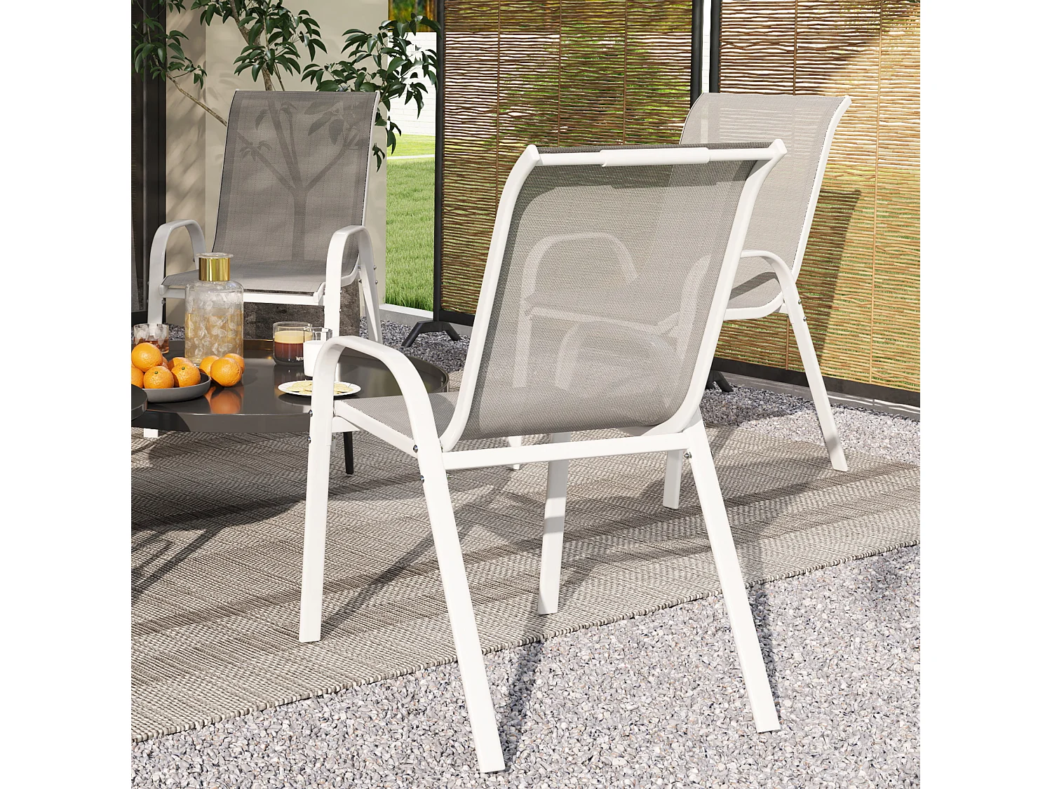Lot de 4 chaises de jardin empilables - assise ergonomique, haut dossier, accoudoirs - acier textilène gris