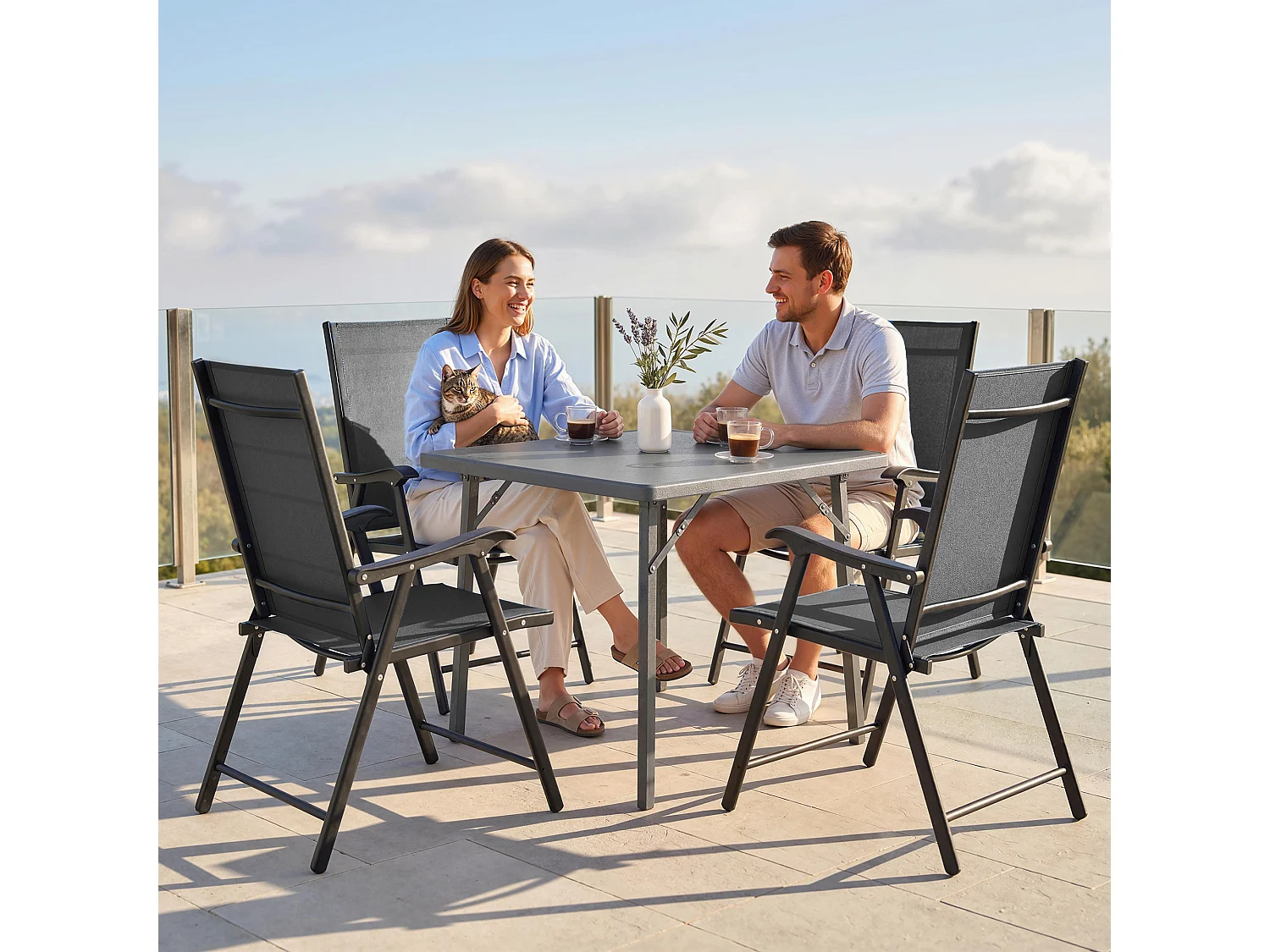 Lot de 4 chaises de jardin pliantes dossier haut textilène noir
