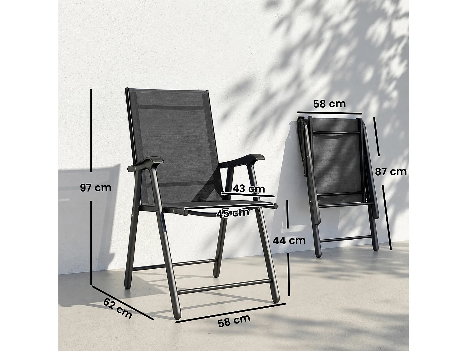 Lot de 4 chaises de jardin pliantes dossier haut textilène noir