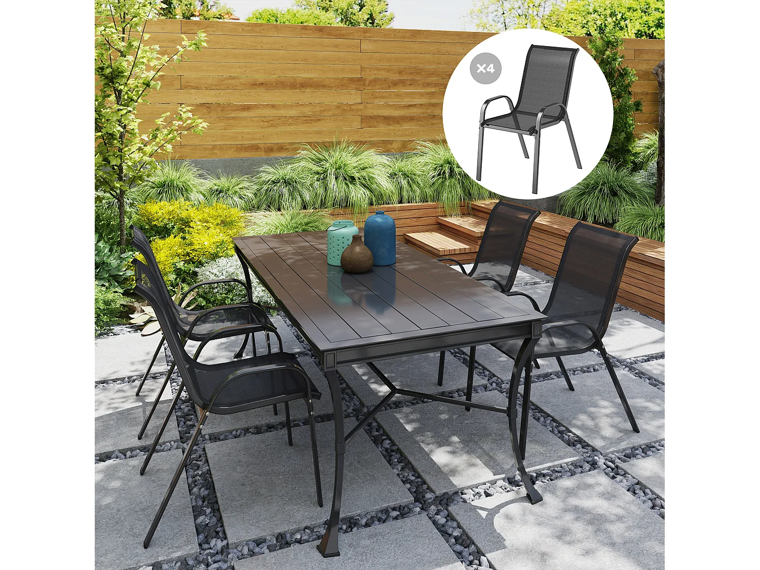 Lot de 4 chaises de jardin empilables - assise ergonomique, haut dossier, accoudoirs - acier textilène noir