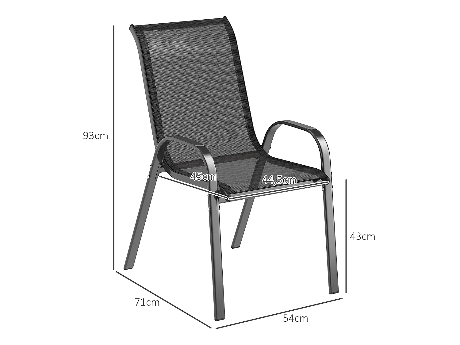 Lot de 4 chaises de jardin empilables - assise ergonomique, haut dossier, accoudoirs - acier textilène noir