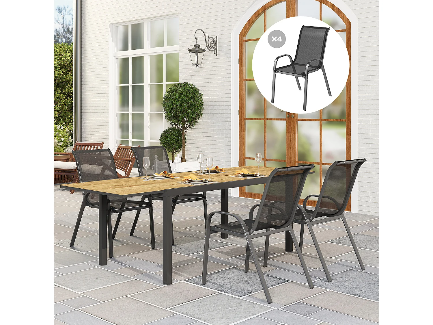 Lot de 4 chaises de jardin empilables - assise ergonomique, haut dossier, accoudoirs - acier textilène noir