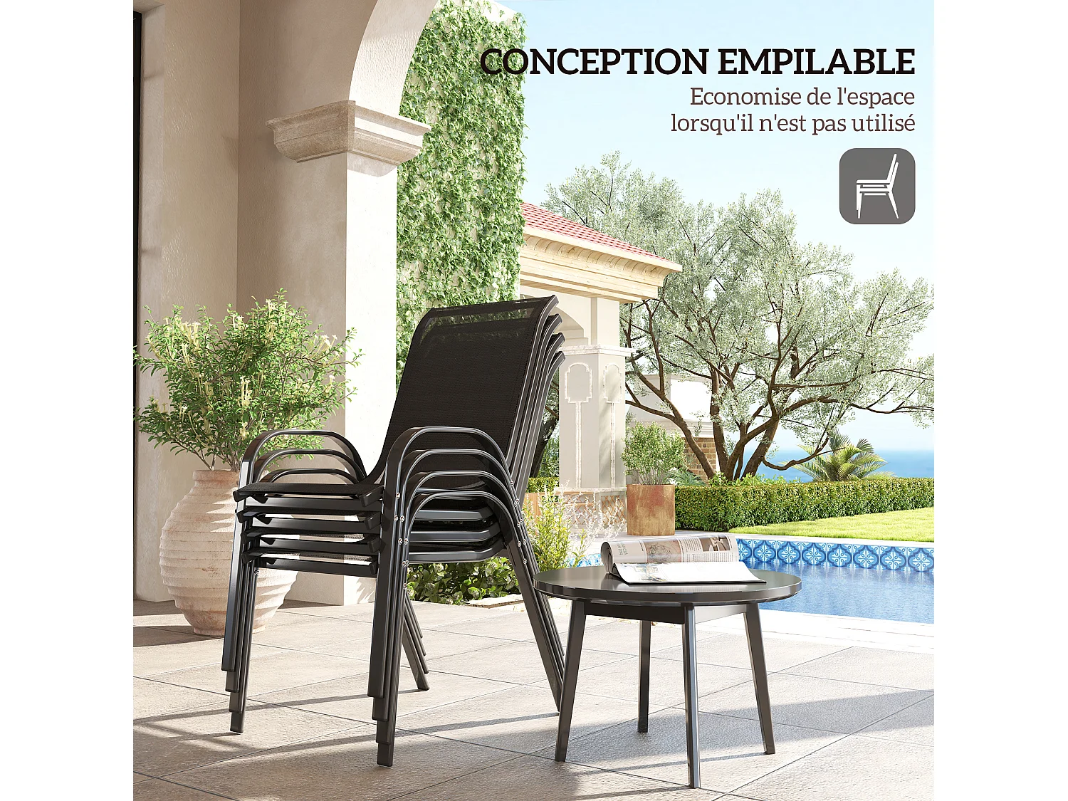 Lot de 4 chaises de jardin empilables - assise ergonomique, haut dossier, accoudoirs - acier textilène noir