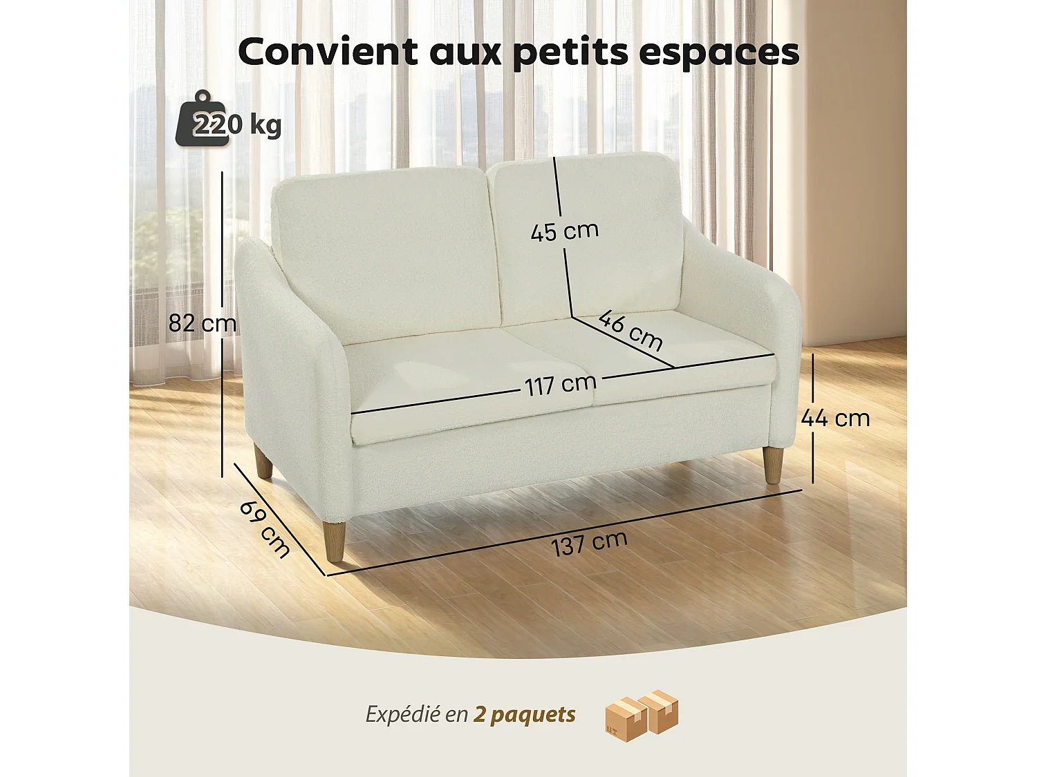 Canapé 2 places style nordique bouclette crème piètement effilé bois eucalyptus