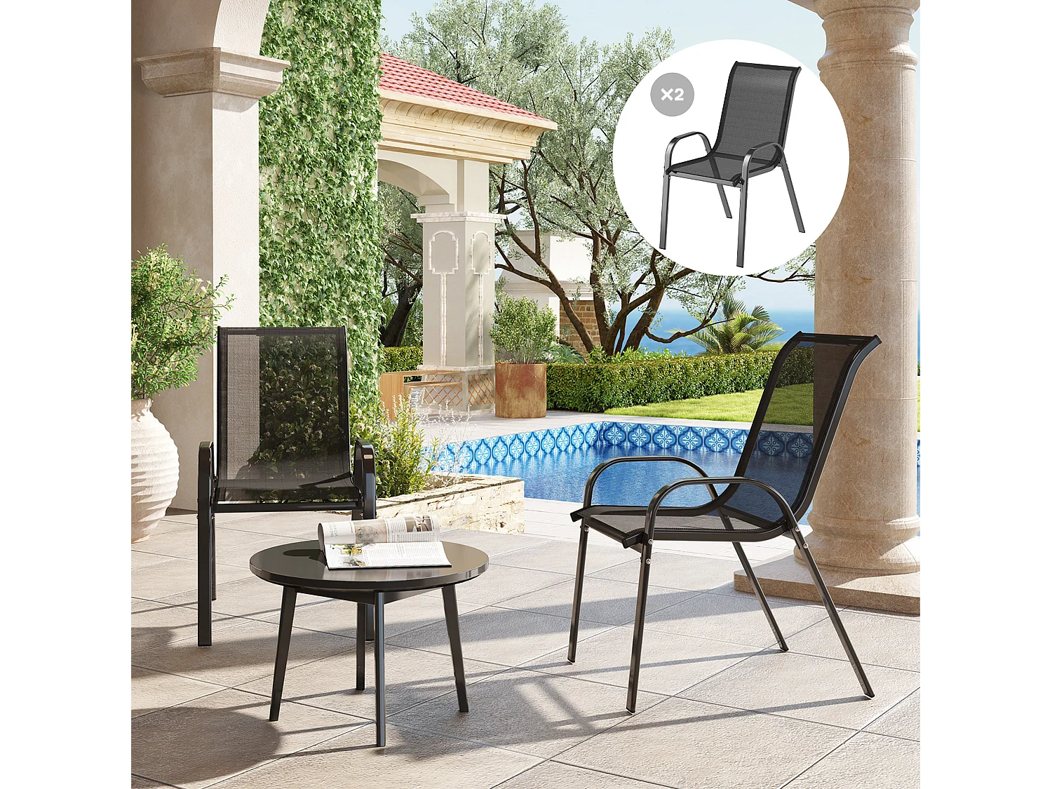 Lot de 2 chaises de jardin empilables - assise ergonomique, haut dossier, accoudoirs - acier textilène noir