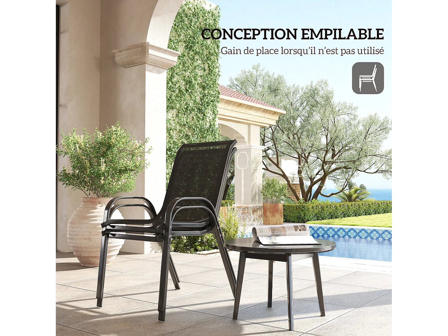 Lot de 2 chaises de jardin empilables - assise ergonomique, haut dossier, accoudoirs - acier textilène noir
