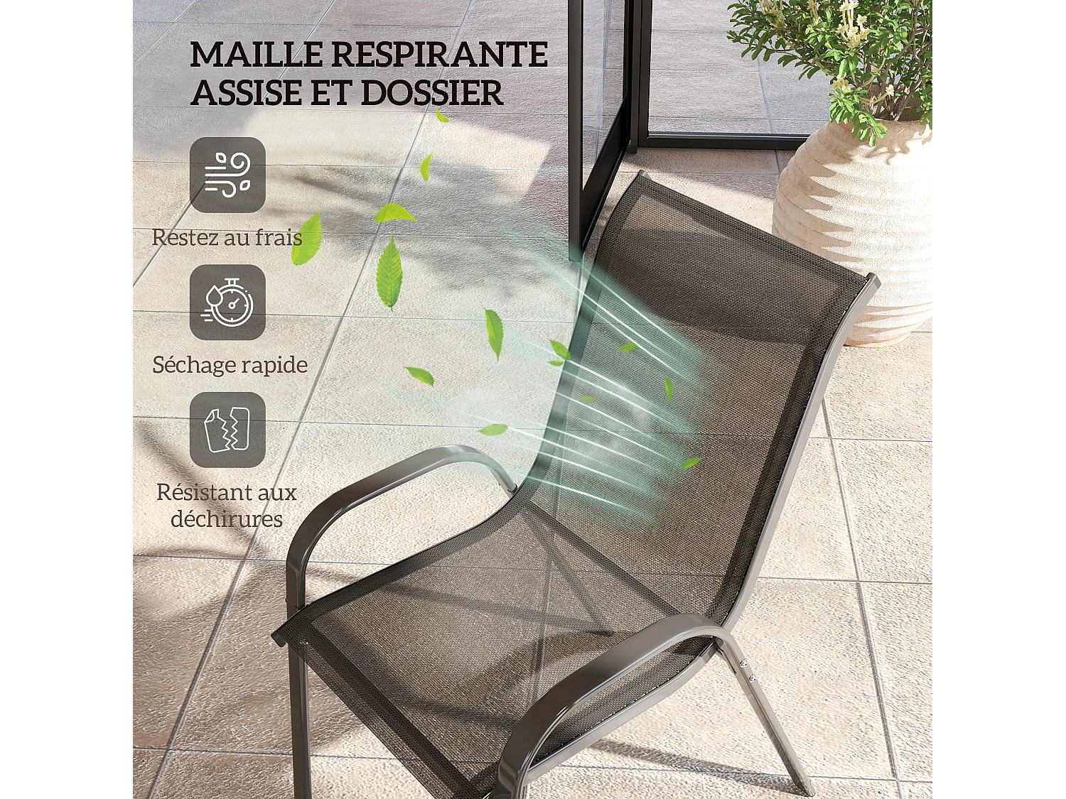 Lot de 2 chaises de jardin empilables - assise ergonomique, haut dossier, accoudoirs - acier textilène noir