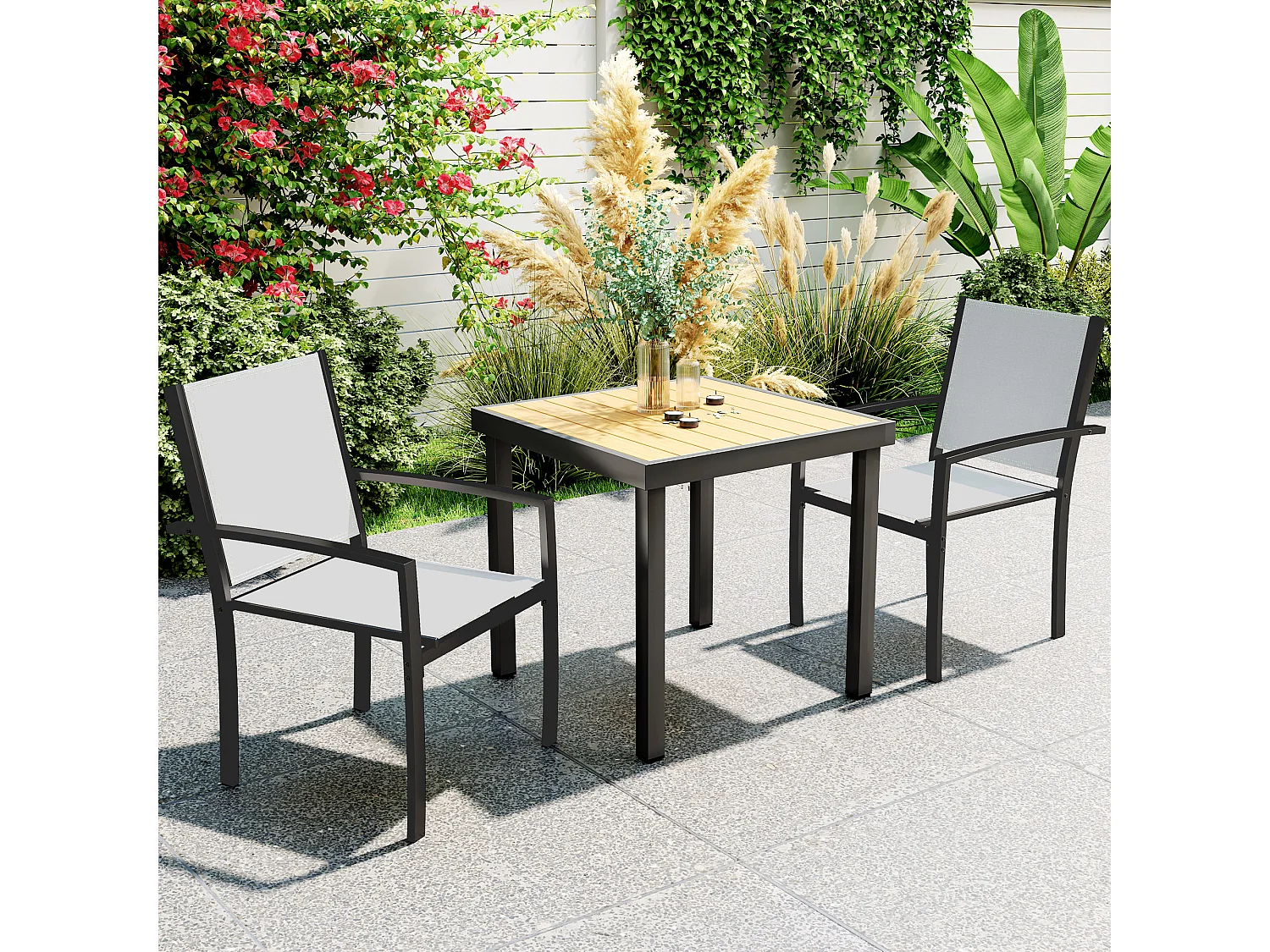 Lot de 2 chaises de jardin empilables avec accoudoirs acier noir textilène gris clair