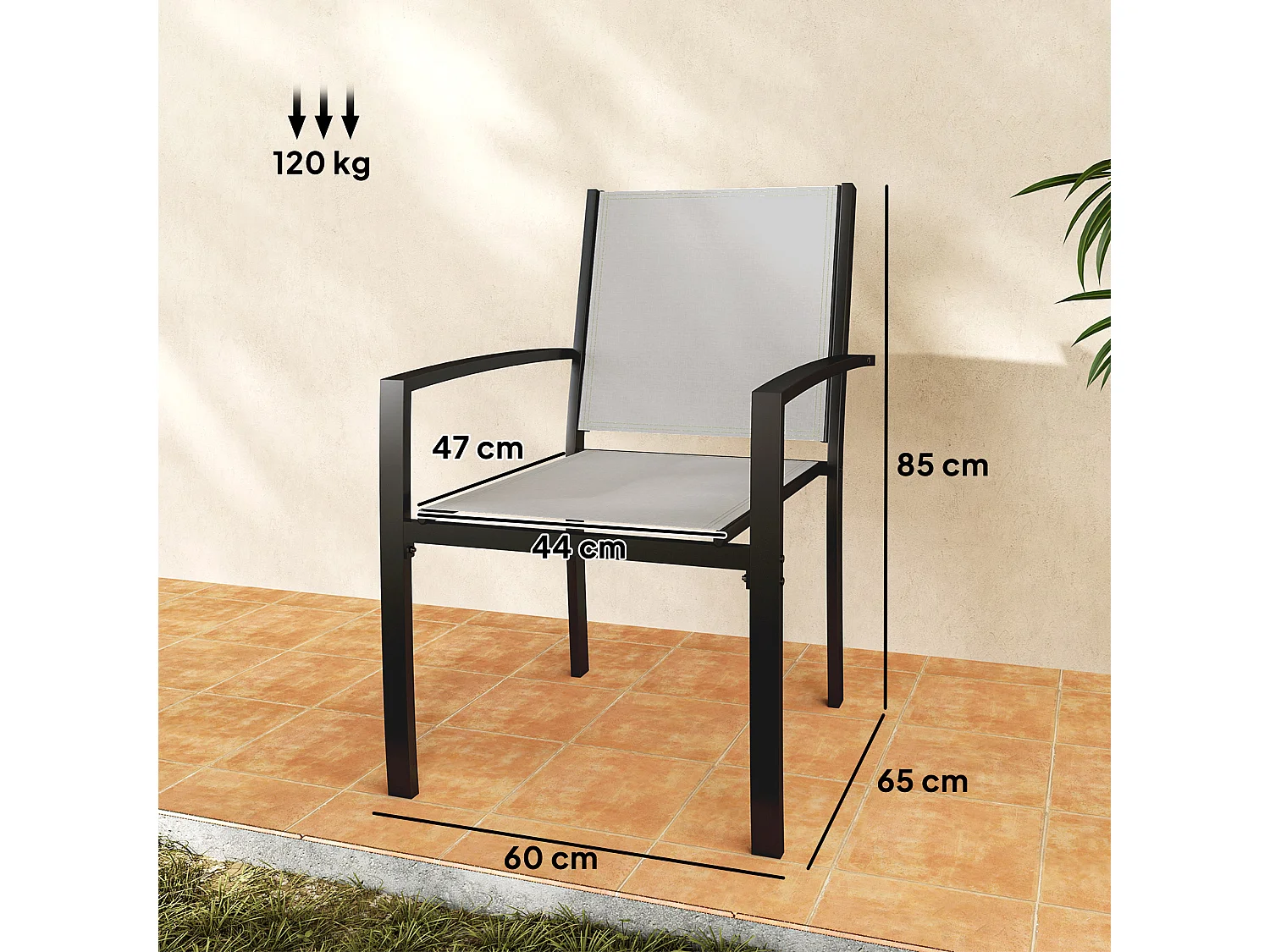 Lot de 2 chaises de jardin empilables avec accoudoirs acier noir textilène gris clair