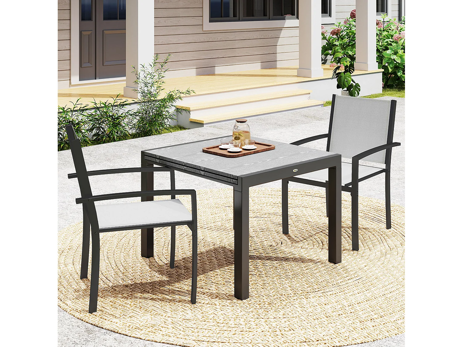 Lot de 2 chaises de jardin empilables avec accoudoirs acier noir textilène gris clair