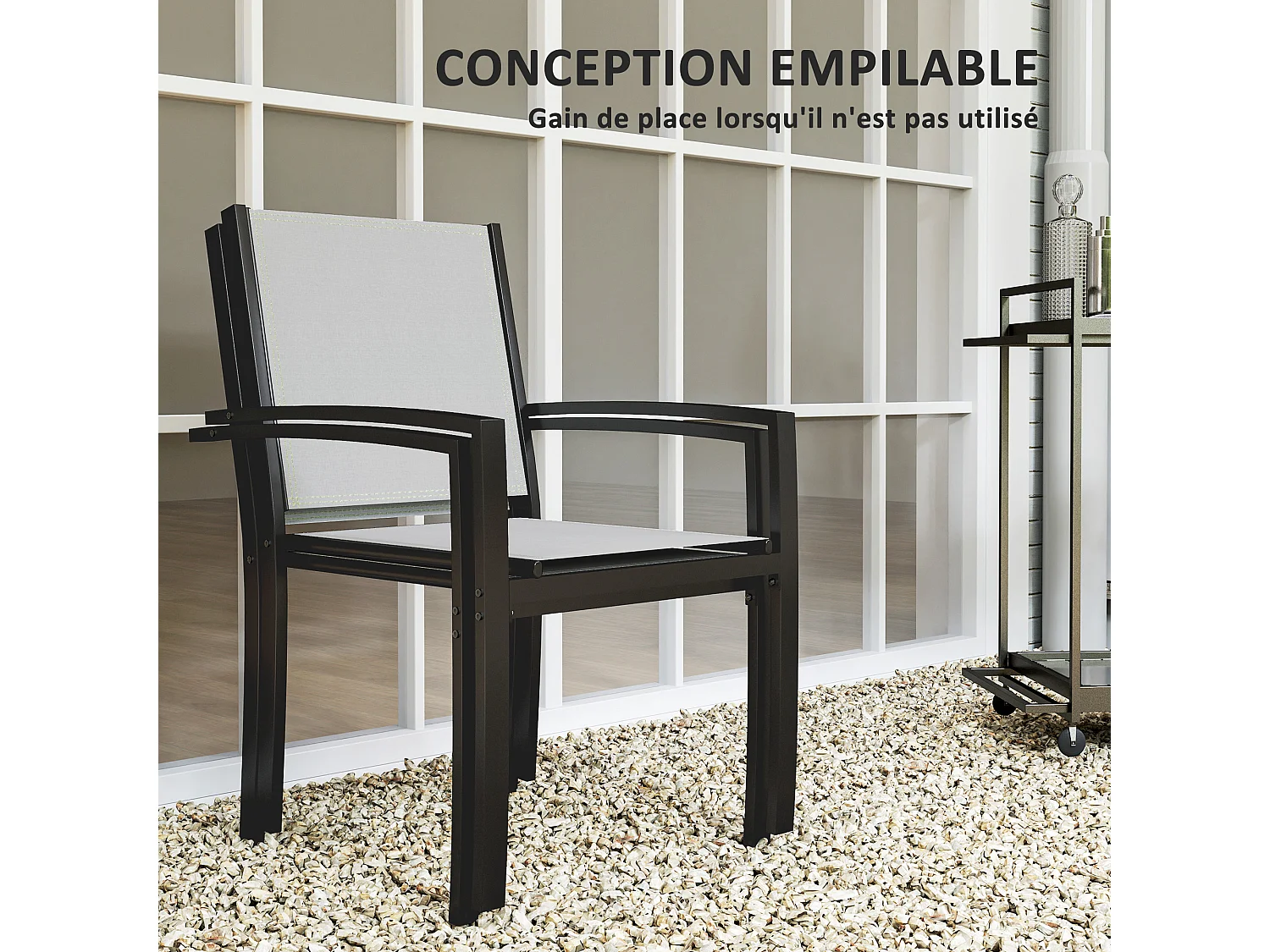 Lot de 2 chaises de jardin empilables avec accoudoirs acier noir textilène gris clair