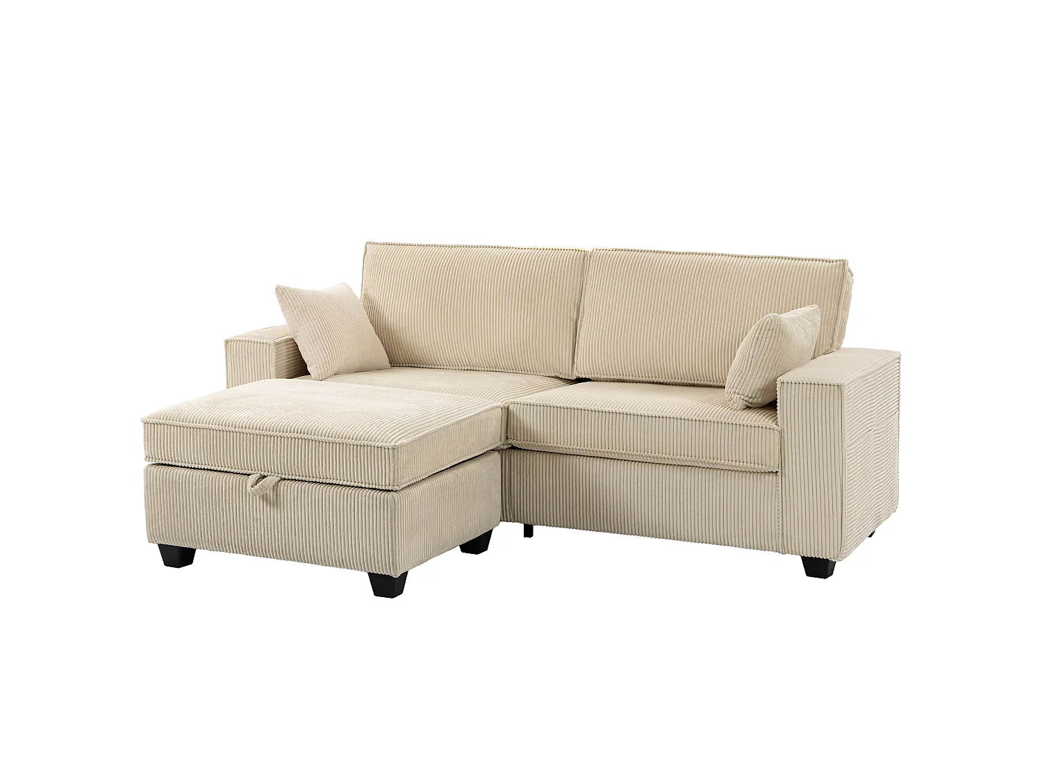 Canapé 3 places avec coffre avec pouf en velours côtelé beige