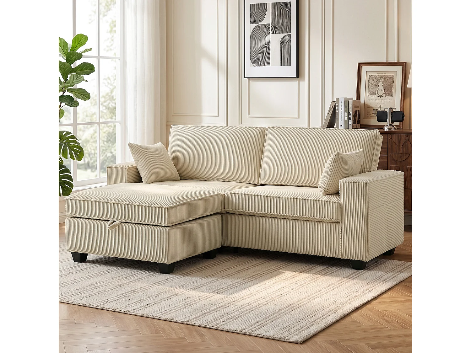 Canapé 3 places avec coffre avec pouf en velours côtelé beige