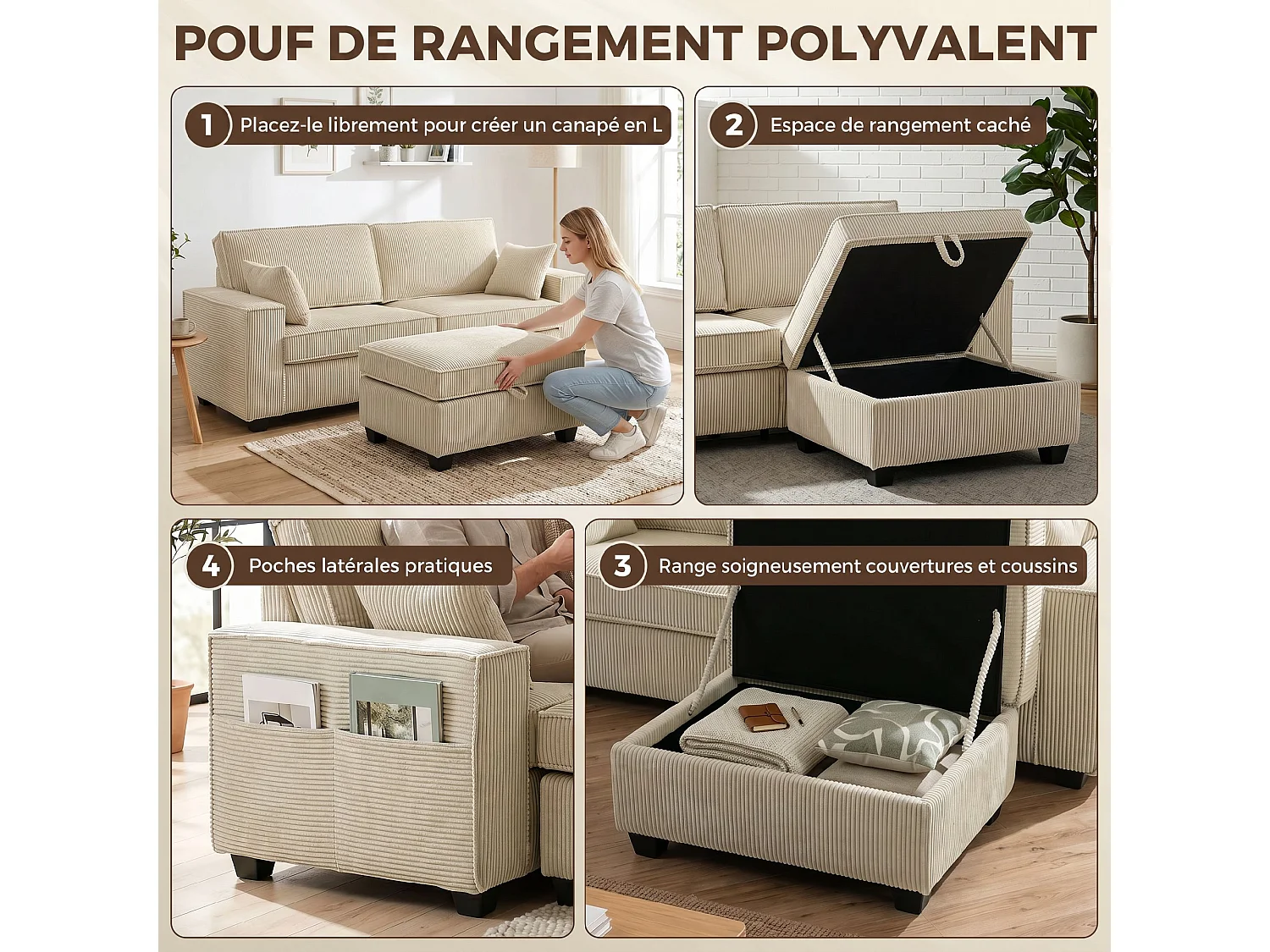 Canapé 3 places avec coffre avec pouf en velours côtelé beige
