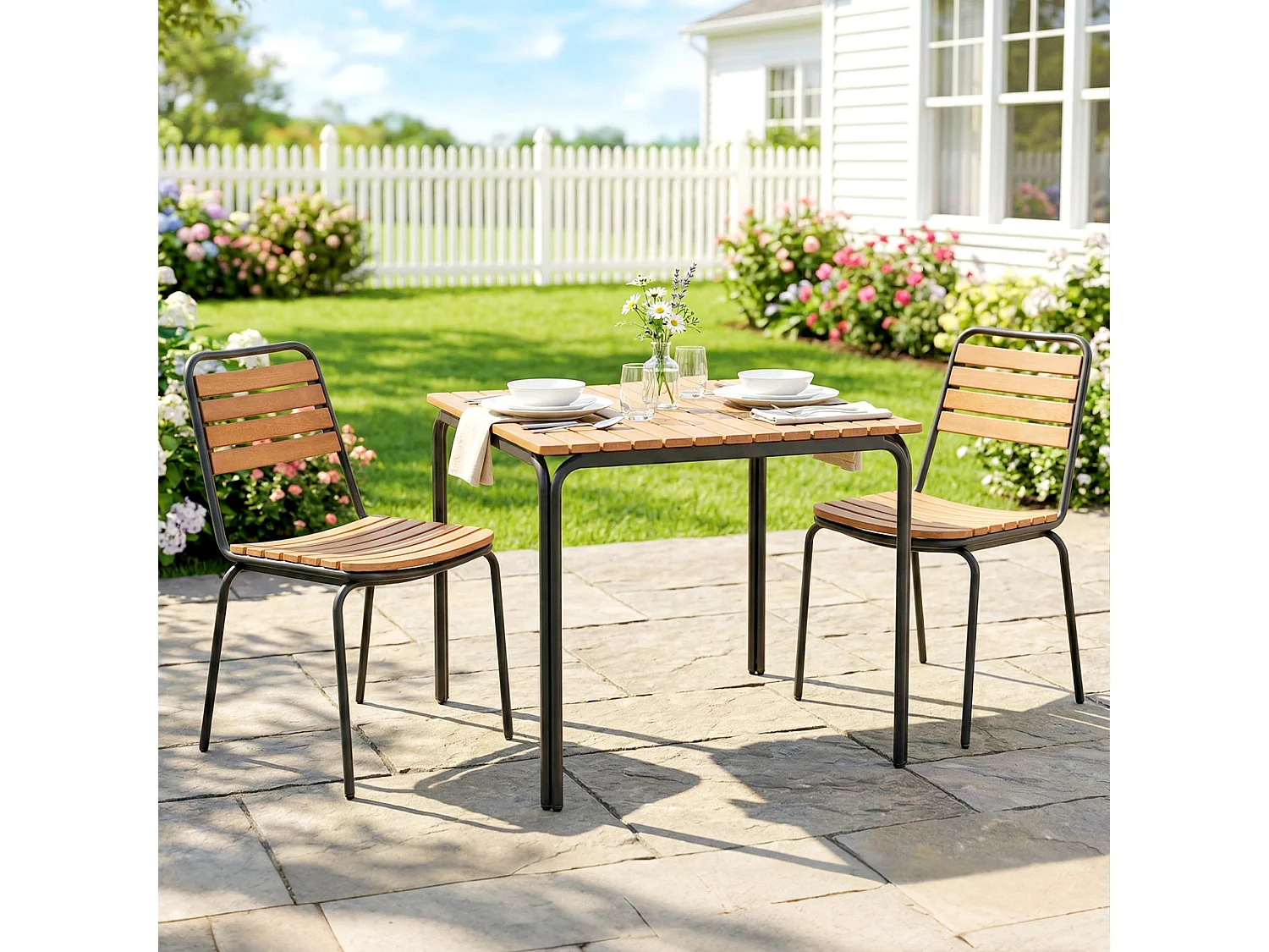 Lot de 2 chaises de jardin empilables acier noir bois eucalyptus pré-huilé
