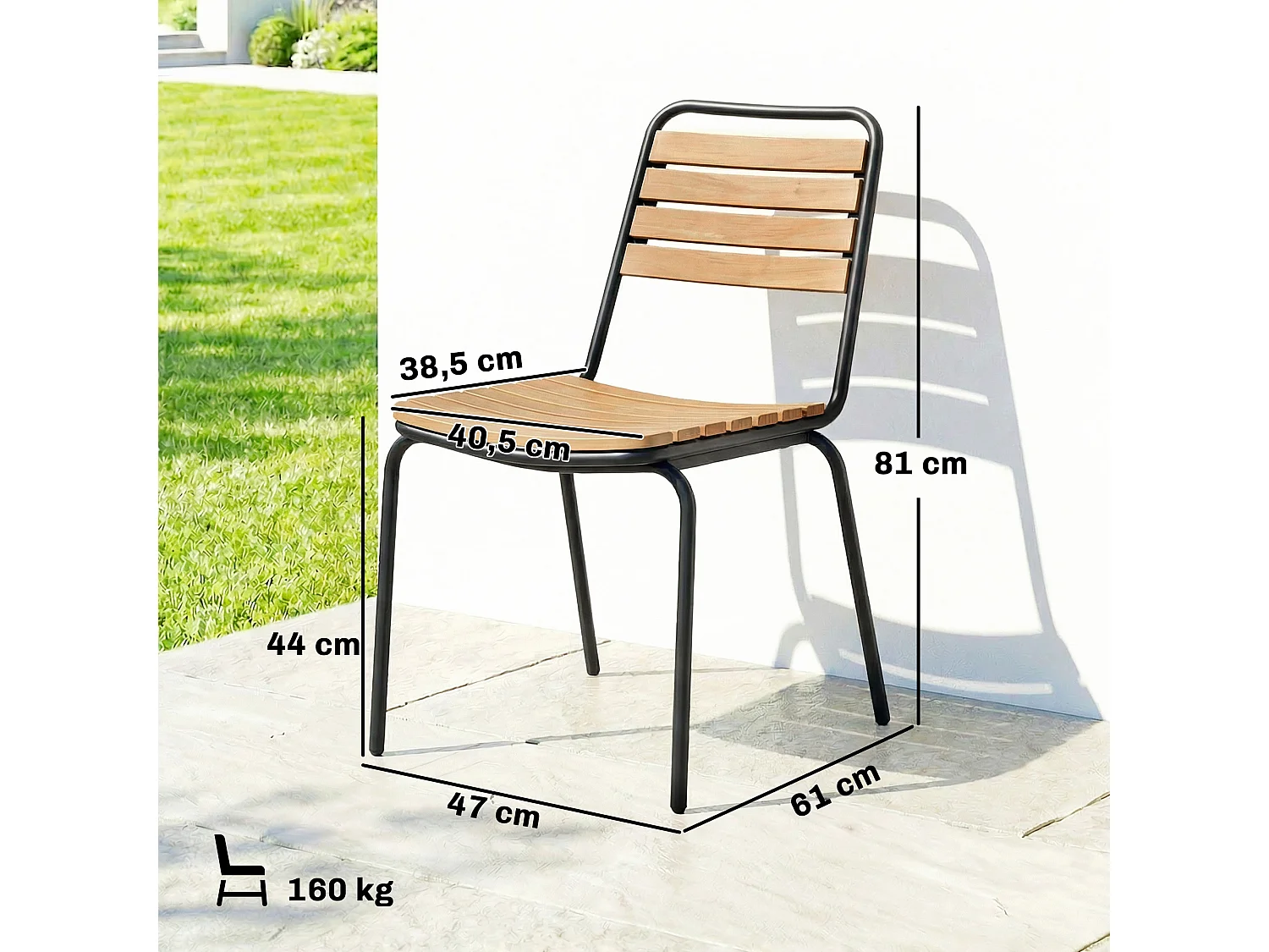 Lot de 2 chaises de jardin empilables acier noir bois eucalyptus pré-huilé