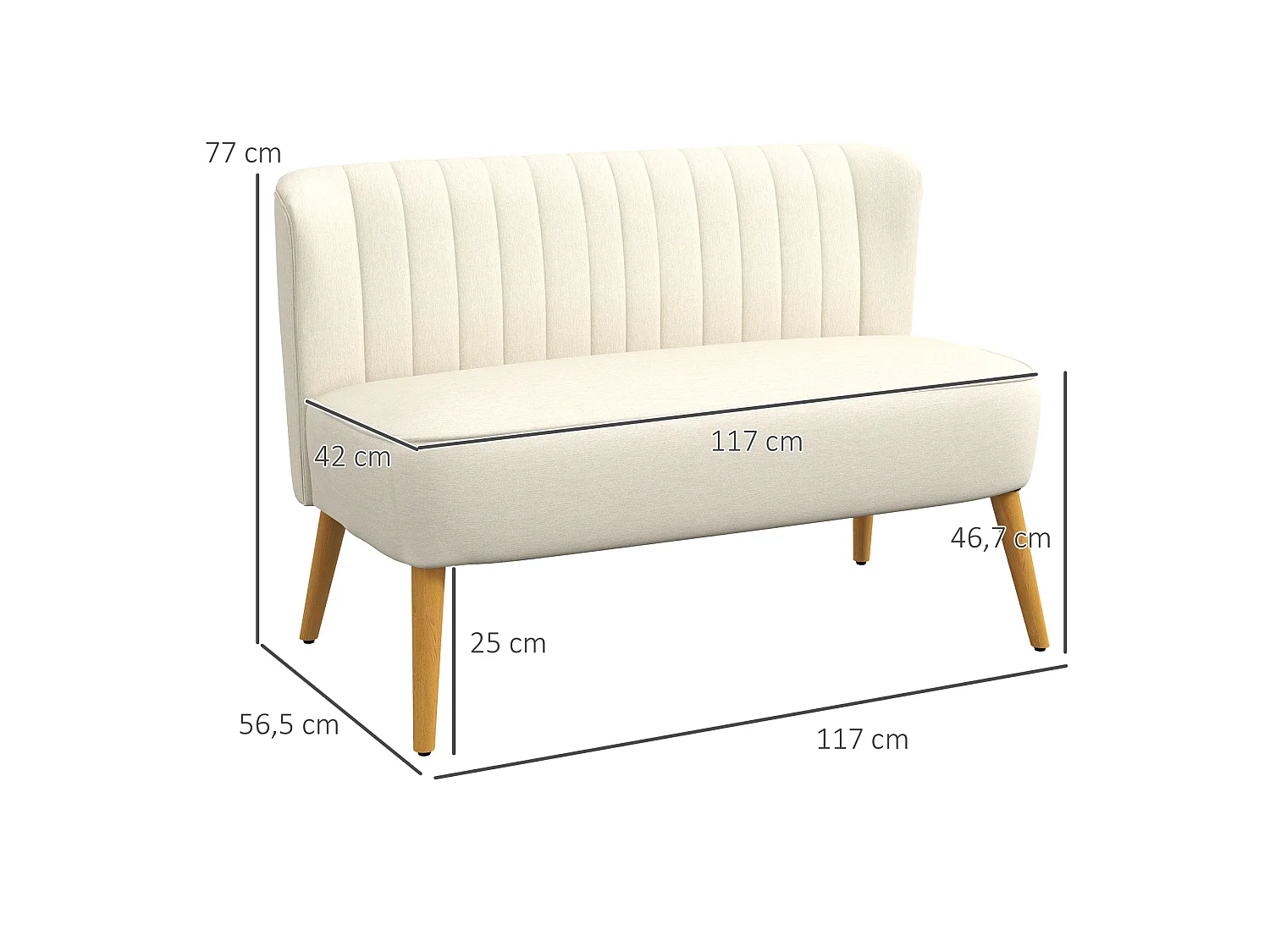 Canapé 2 places style scandinave piètement bois hévéa tissu beige clair