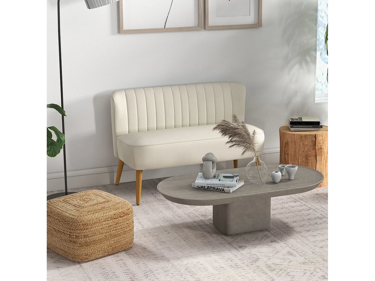 Canapé 2 places style scandinave piètement bois hévéa tissu beige clair