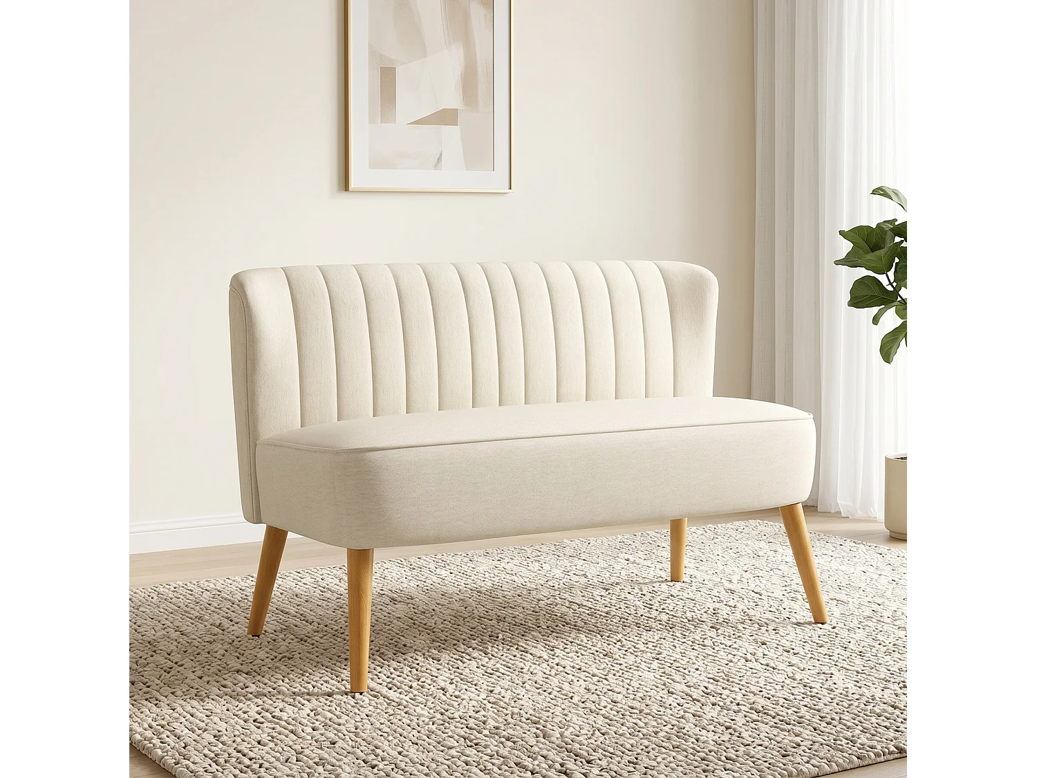 Canapé 2 places style scandinave piètement bois hévéa tissu beige clair
