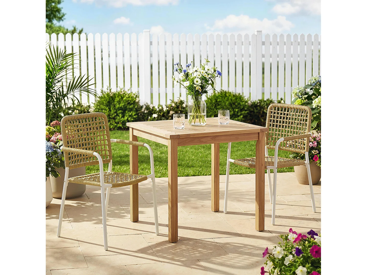 Lot de 2 chaises de jardin style bohème résine tressée coloris naturel métal blanc