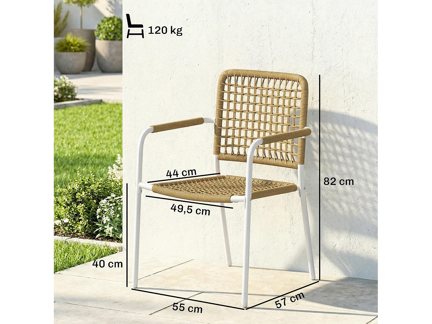 Lot de 2 chaises de jardin style bohème résine tressée coloris naturel métal blanc