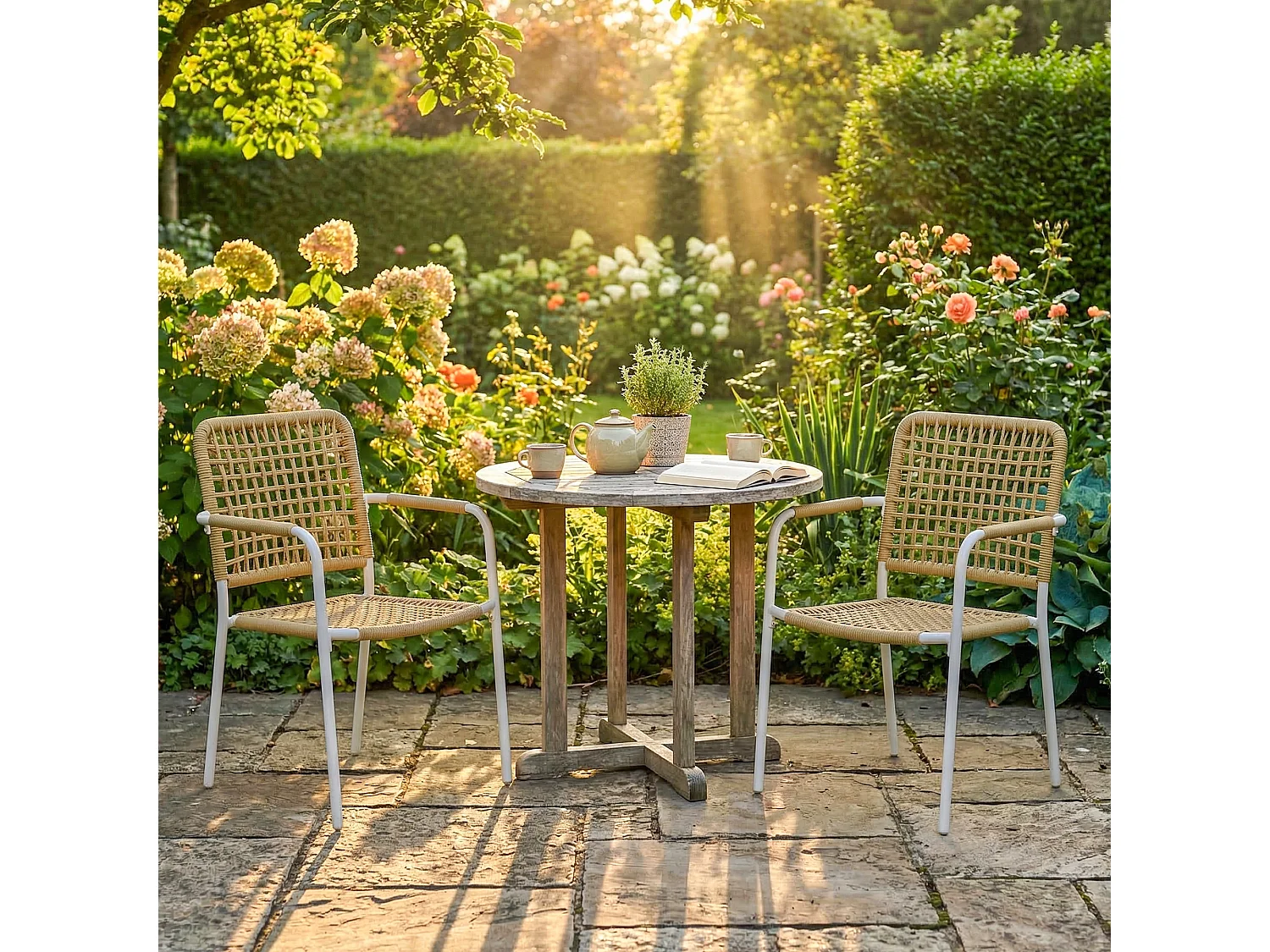 Lot de 2 chaises de jardin style bohème résine tressée coloris naturel métal blanc