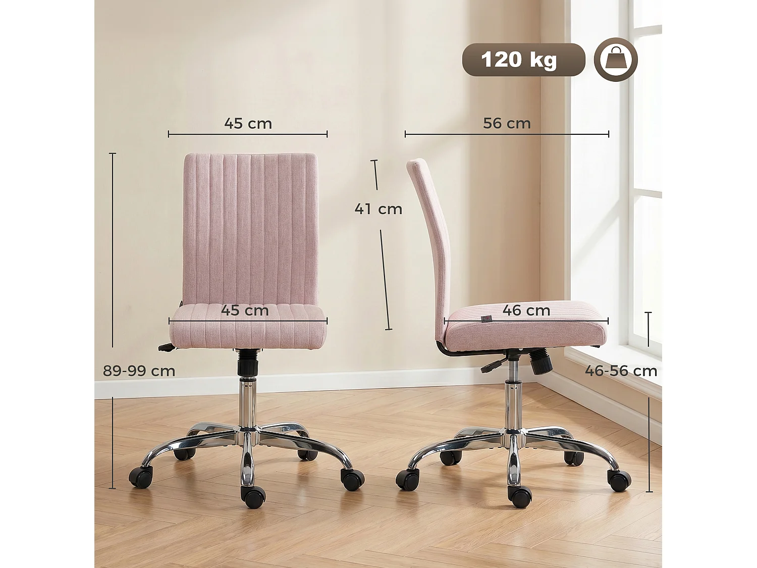 Chaise de bureau design métal chromé tissu surpiqûres verticales rose