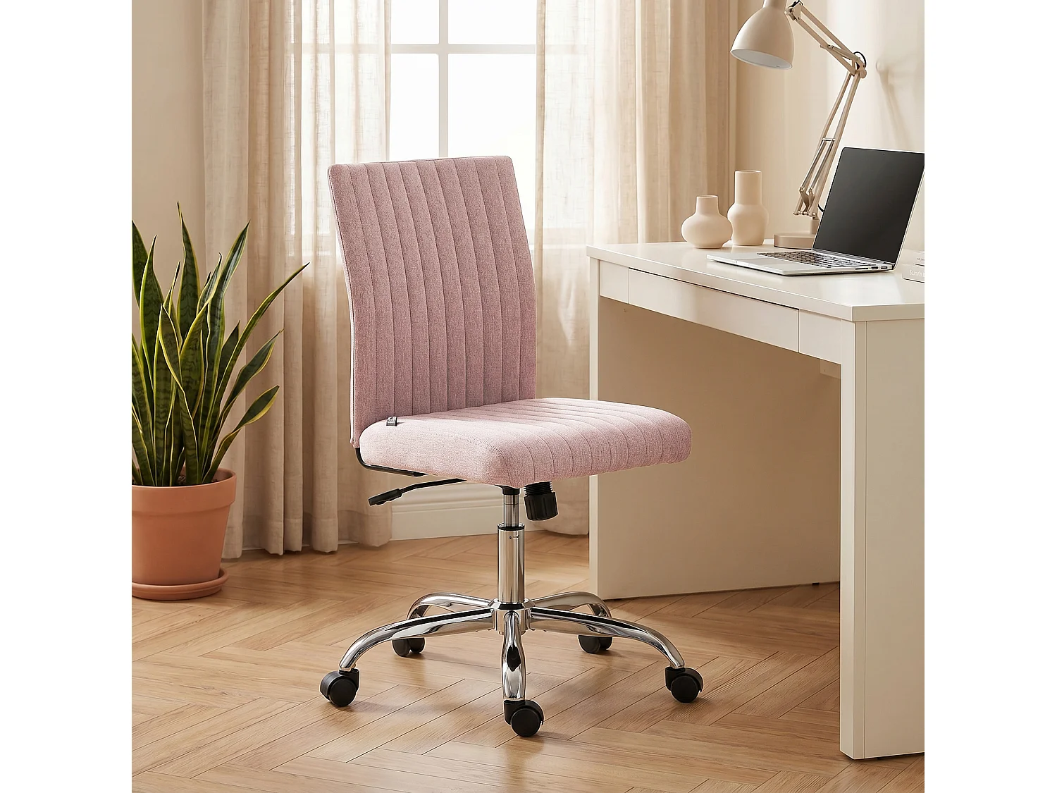 Chaise de bureau design métal chromé tissu surpiqûres verticales rose