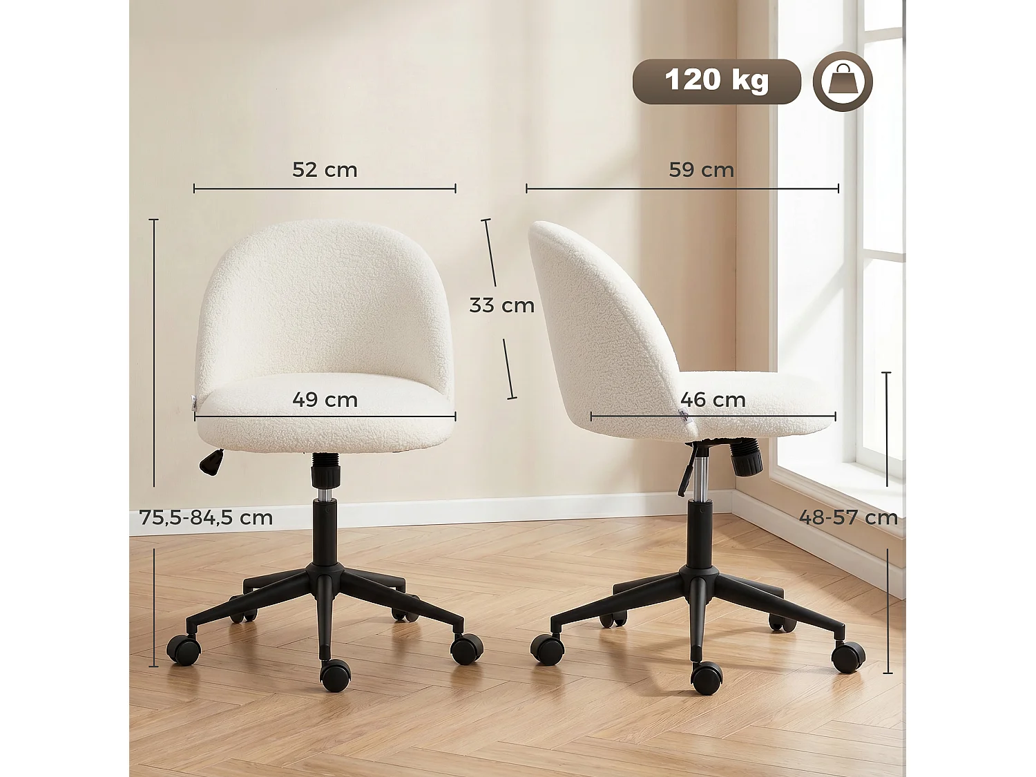 Chaise de bureau pivotante réglable bouclette crème
