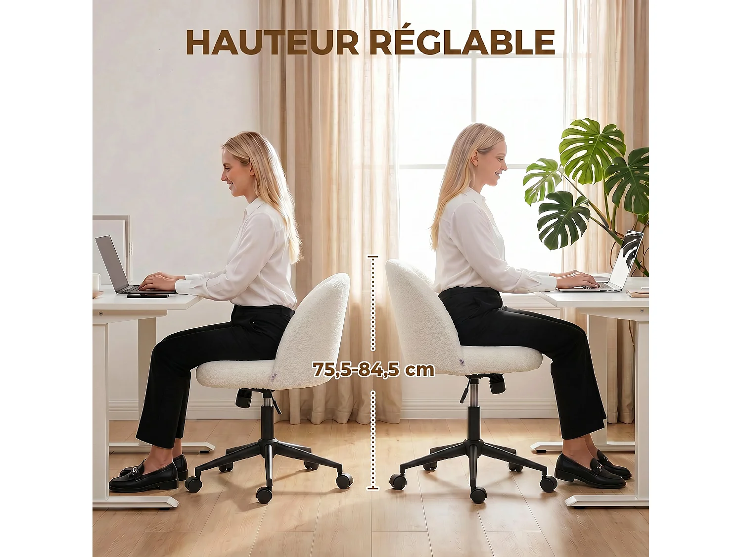 Chaise de bureau pivotante réglable bouclette crème