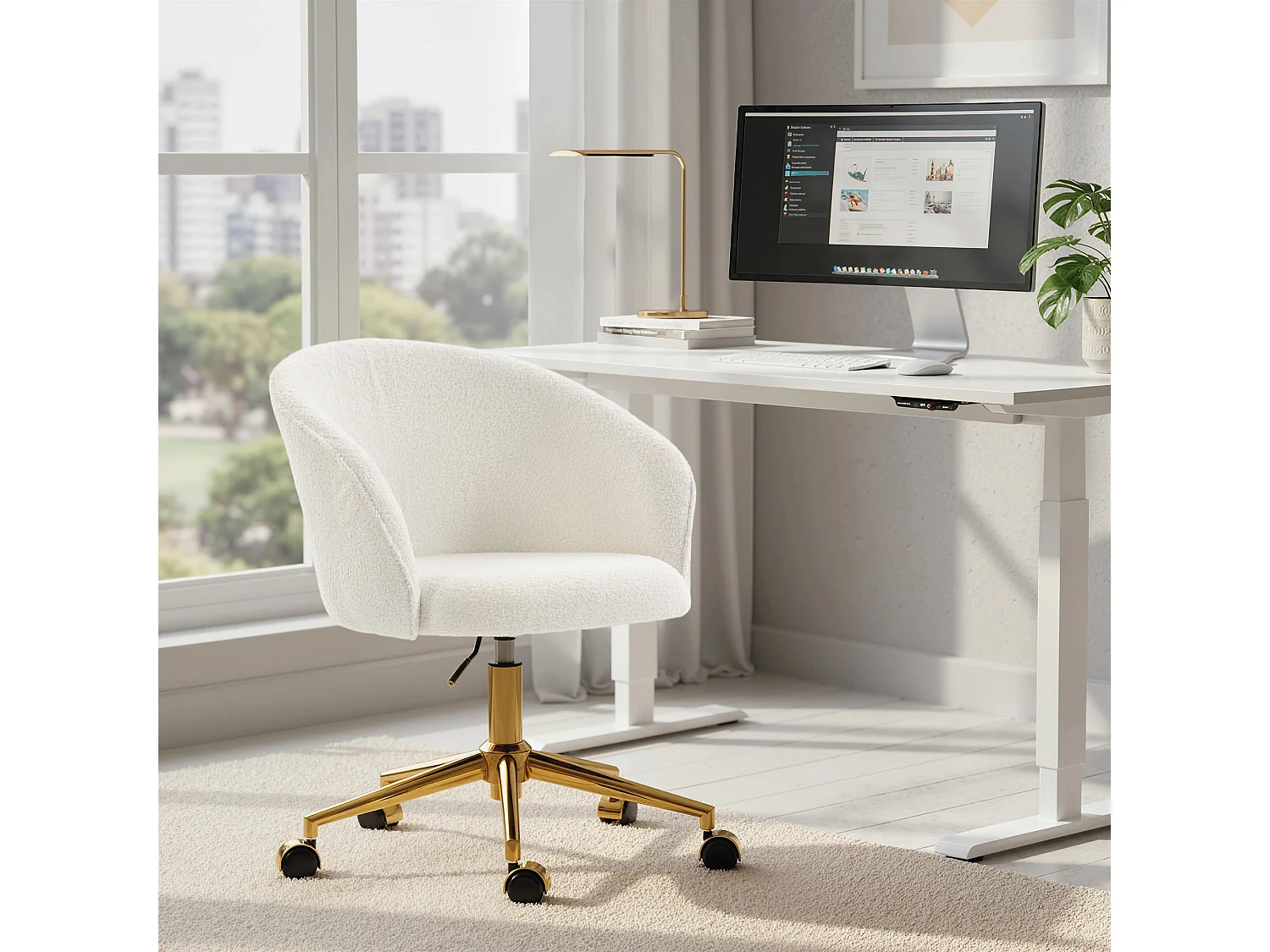 Chaise de bureau design bouclette crème piètement acier doré